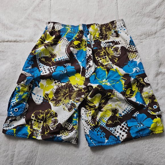 OP Cargo Swim Trunks Hawaiian Hibiscus Print Brown Blue Green M (32/34) - Picture 5 of 6